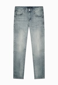 Ljusgrå denimjeans med rak passform, fyra fickor och subtila blekningar. Har en midja med bälteshällor och knappslutning fram.