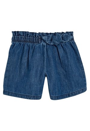 Short en denim avec taille élastique et détail nœud en tissu bleu, conçu pour un usage décontracté.