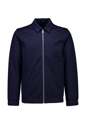 Marineblauw jack met een kraag, ritssluiting aan de voorkant en twee zijzakken. Gemaakt van een gladde stof met aangesloten manchetten en zoom.