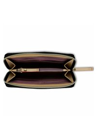 Portefeuille en cuir noir avec fermeture éclair, présentant des compartiments intérieurs beiges et bordeaux ainsi que des emplacements pour cartes. Poches doubles organisées.