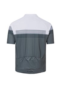 Maillot de cyclisme à manches courtes avec partie supérieure blanche, partie inférieure grise, rayures horizontales noires et trois poches arrière avec le logo Vaude.