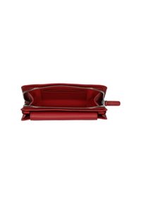 Red leather wallet with zip closure, interior card slots, and a smooth texture. Opened view shows organized compartments and stitching details.