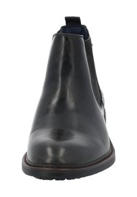 Bottines Chelsea en cuir noir avec une finition lisse, des panneaux latéraux élastiques et un bout arrondi. Comprend une semelle texturée et des accents de couture.