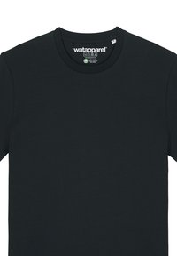 Black short-sleeve T-shirt made of soft fabric; features a round neckline and a label with care instructions and brand name inside.