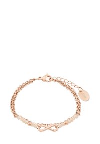 Pulsera de oro rosa con un símbolo de infinito, cuentas y un cierre de langosta. Presenta un diseño de cadena y una longitud ajustable con una pequeña etiqueta.