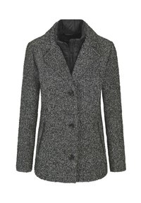 Grijze en zwarte herringbone wollen blazer met drie zwarte knopen en een binnenkant van zwart gewatteerd met ritsjack.