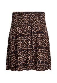 Sukně s leopardím vzorem, která má nařasený pas, skladovaný design a splývavou siluetu. Dominantní barvy jsou černá a béžová.