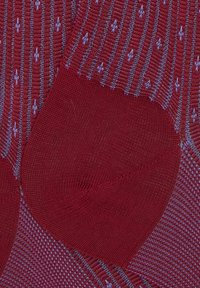 Calzini rossi con un design a coste e accenti azzurri chiari. La trama appare liscia con un motivo di piccole forme ripetute.