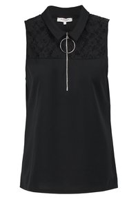 Top sans manches noir avec un panneau en dentelle au niveau du col, une fermeture éclair argentée avec un tirette circulaire, et un tissu lisse et texturé.