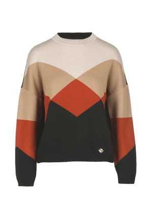Gebreide trui met een kleur-blok ontwerp in beige, oranje en zwart. Ronde halslijn, verlaagde schouders en ribbelmanchetten en -zoom.