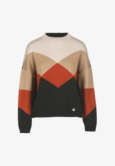 Pletena jopica z barvno blokado v bež, oranžni in črni barvi. Okrogla izreza, spuščena ramena ter rebrasti manšeti in sklep.