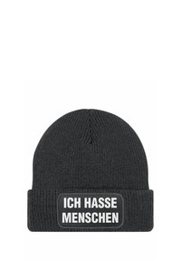 Black knit beanie featuring a folded cuff. The front displays a rectangular patch with white text: "ICH HASSE MENSCHEN." Textured fabric.