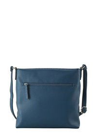 Borsa a tracolla blu in pelle con superficie testurizzata, tasca frontale con zip, strap regolabile e design minimalista.