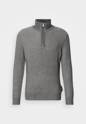 Szürke bordázott pulóver magas gallérral és rövid cipzárral. Texturált kötött anyagból készült, hosszú ujjal és egyenes szegéllyel.