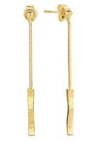 Goldfarbene Ohrringe mit langen, strukturierten Ketten und rechteckigen Stäben als Akzenten. Das Design ist elegant und minimalistisch.