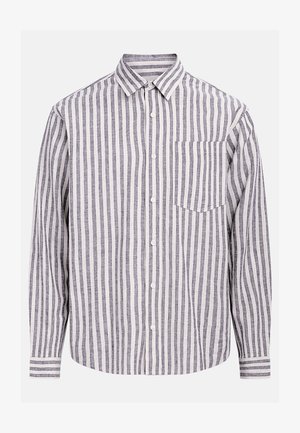 Μπλε-σκούρο με λευκές ριγέ μακρυμάνικη πουκάμισο με κουμπιά. Διαθέτει κλασικό γιακά, τσέπη στο στήθος και μανσέτες με κουμπιά και ριγέ λεπτομέρειες.