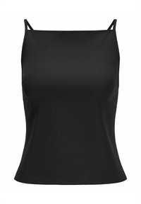 Musthave musta ilma varrukatega topp õhukeste rihmadega, valmistatud siledast, venivast kangast. Sobiv mudel otsese hemiga ja ilma kaunistusteta.