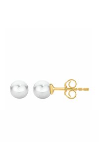 Kullast kõrvarõngad, millel on kaks läikivat valget pärli. Igal pärlil on ümmargune kuju, sile pind ja särav viimistlus.