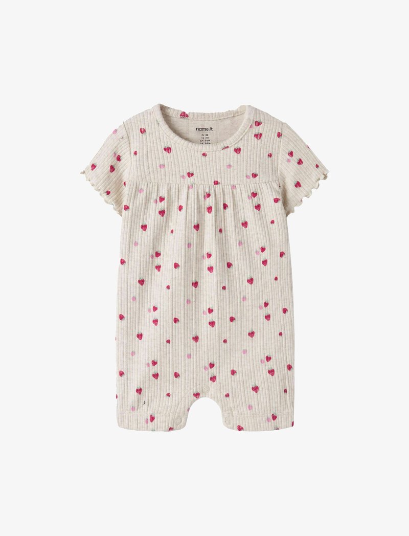 Barboteuse bébé à manches courtes en maille côtelée crème avec motif de cœurs roses et rouges et bords de manches festonnés.