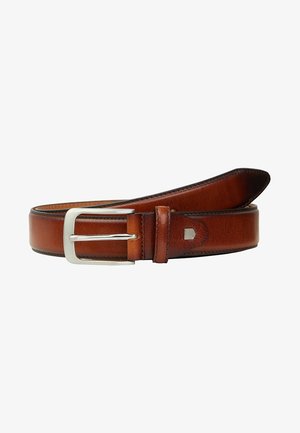 Brown leather belt with a smooth texture, silver metal buckle, and subtle stitching accents along the edges. Rectangular shape.