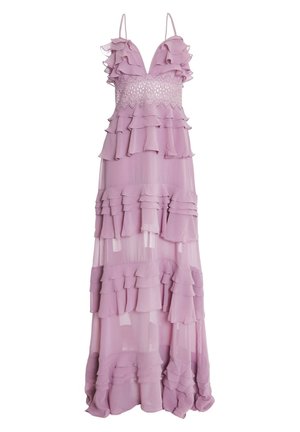 Lila mouwloze maxi-jurk met gelaagde ruches, kant in het midden en dunne verstelbare bandjes.