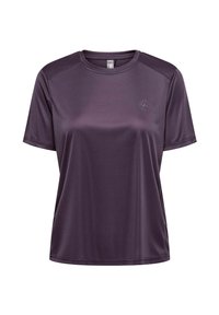 Paarse sport-T-shirt met korte mouwen, een ronde hals en gestructureerde accenten op de schouders, gemaakt van glad, lichtgewicht materiaal.