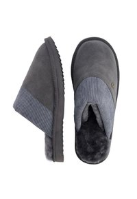 Grijze pantoffels van suède en corduroy, met een fuzzy voering en een gestructureerde zool. Instapmodel met een gezellige, afgeronde neus.