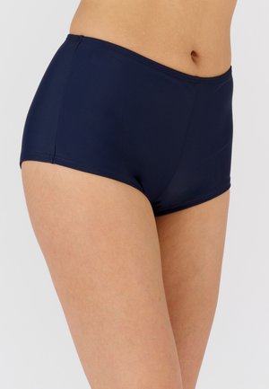 Marineblauwe high-waisted zwemonderdelen van glad, rekbaar materiaal. Heeft een minimalistisch ontwerp zonder zichtbare patronen of hardware.
