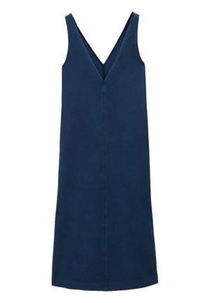 Jeanskleid in Dunkelblau mit V-förmigem Ausschnitt, ärmellosem Design und geradem Schnitt. Mit sichtbaren Nähten und einer Mittelnaht.
