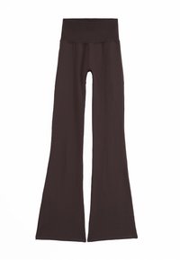 High-waisted, dark brown flared pants with wide ribbed waistband, smooth fabric texture, and no visible pockets or embellishments.