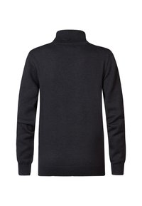 Maglione nero a maglia con collo alto, maniche lunghe e polsini e orlo a coste. Tessuto liscio con dettagli minimi.