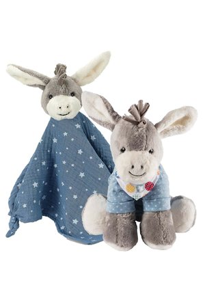 Two soft donkey plush toys, one with a blue starry blanket body, the other wearing a blue shirt and colorful polka-dot bib.