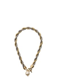 Skręcony naszyjnik wykonany ze srebra i metalu w odcieniu złotym, z zapięciem z perłowym akcentem i dekoracyjnym metalowym detalem.