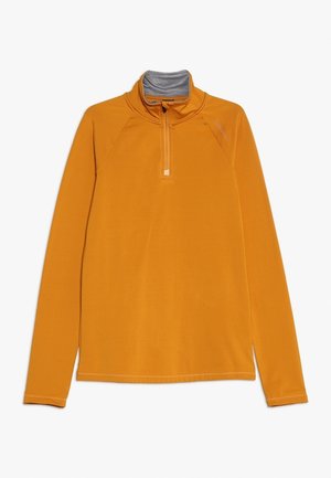 Żółta musztardowa bluza z długim rękawem z szarym wewnętrznym kołnierzem i przednim zamkiem błyskawicznym, zaprojektowana do noszenia na zewnątrz lub na co dzień.