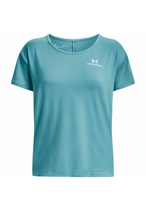Turquoise short-sleeve T-shirt made from smooth fabric. Features a round neckline and a small white logo on the upper left chest.