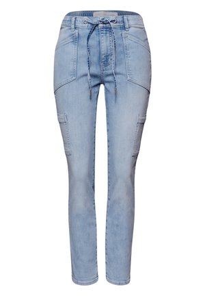 Lyseblå slim-fit jeans med lommer foran og i siderne samt snørejustering i taljen.