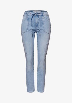 Lyseblå slim-fit jeans med lommer foran og i siderne samt snørejustering i taljen.