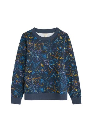 Felpa blu navy con motivo floreale multicolore, dotata di scollatura rotonda, polsini a coste e finitura testurizzata.