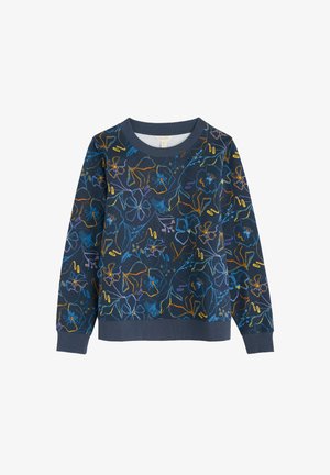 Sudadera azul marino con diseño floral multicolor, que presenta un cuello redondo, puños acanalados y un acabado texturizado.
