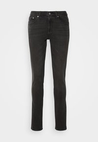 Black denim jeans with a straight leg design, five-pocket styling, and silver hardware accents, featuring a slightly faded texture.