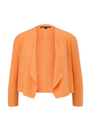 Oranger Cardigan mit offenem Front, langen Ärmeln und leichter Stricktextur. Hat ein drapiertes Design und eine schlichte Konstruktion.