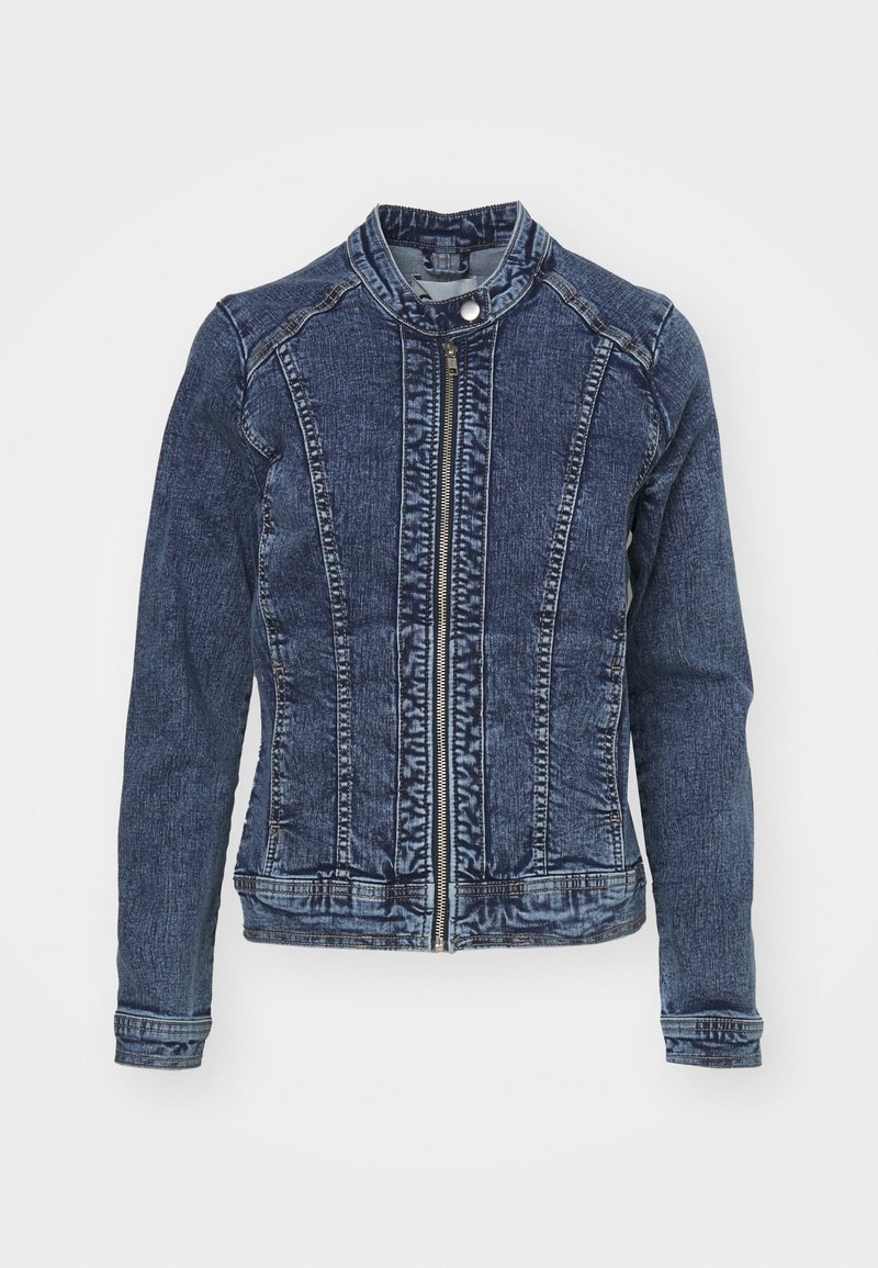 Veste en denim bleu foncé avec fermeture éclair à l'avant, col montant à boutons-pression, manches longues et coutures ajustées.
