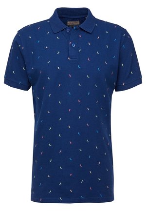 Marineblå poloshirt i bomuld med krave, prydet med små, spredte flerfarvede mønstre. To-knaps knapstolpe og korte ærmer.