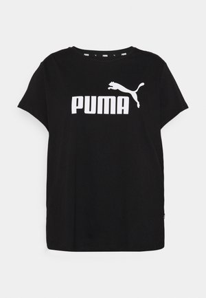 Czarny t-shirt z krótkim rękawem z białym logo Puma i grafiką skaczącego pumy na środku klatki piersiowej.