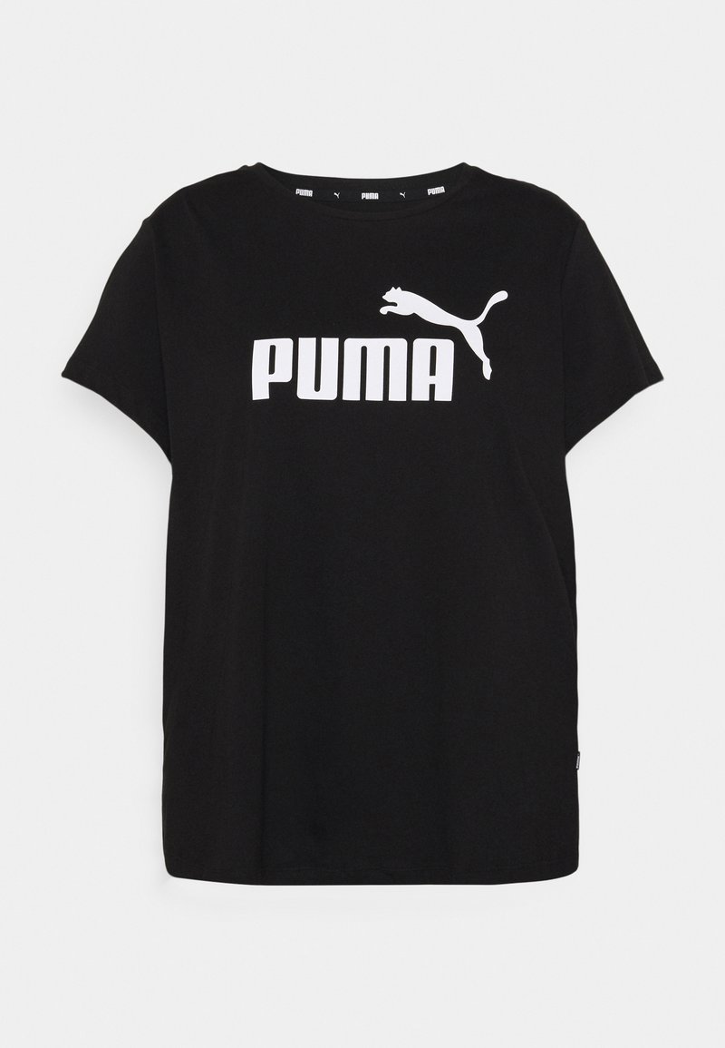 T-shirt noir à manches courtes avec logo Puma blanc et illustration d'un puma sautant au centre de la poitrine.