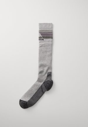 Gray sock with horizontal purple and gray stripes at the top, featuring a reinforced heel and toe, and a textured footbed.