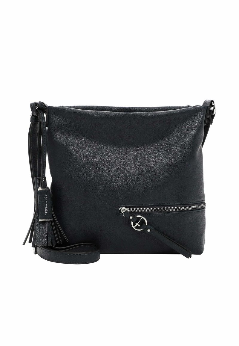 Borsa a tracolla nera in pelle con finitura texture, tasca frontale con cerniera, un tassello decorativo e una tracolla regolabile.
