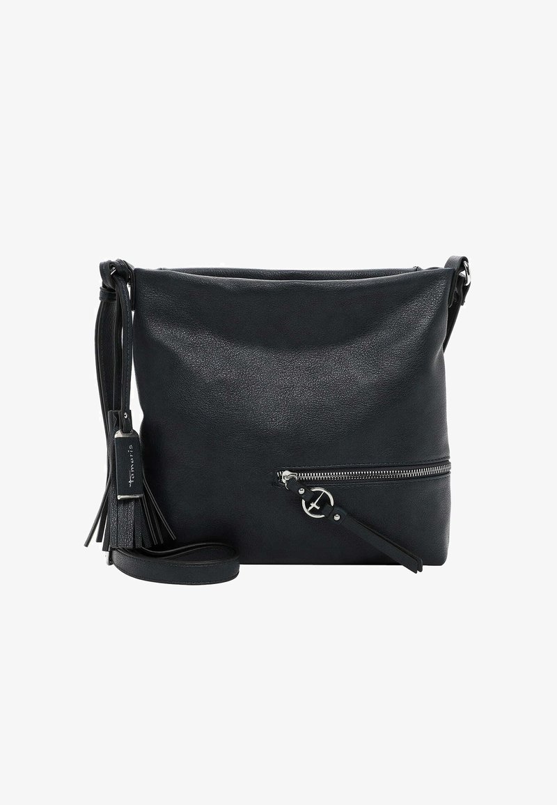 Borsa a tracolla nera in pelle con finitura texture, tasca frontale con cerniera, un tassello decorativo e una tracolla regolabile.