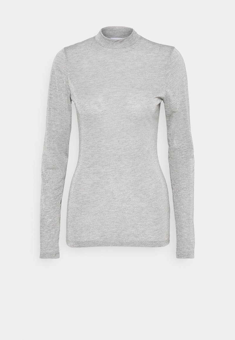 Grauer Langarm-Turtleneck aus weichem Stoff, mit taillierter Passform und dezentem Schimmer-Effekt.