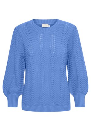 Suéter de punto azul claro con un patrón de olas, cuello redondo y mangas globo; los puños y el dobladillo acanalados añaden textura.
